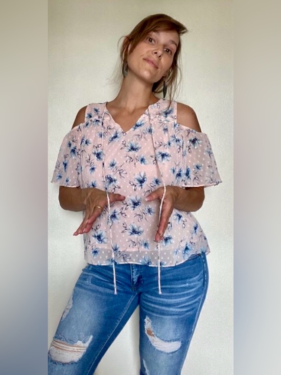 Moon River Tops - Moon River Top Cold Shoulder Pink Floral Appliqué Blouse